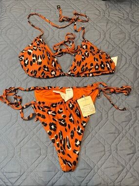 Fabletics Orange and Black Leopard Tie Side Bikini Bottom